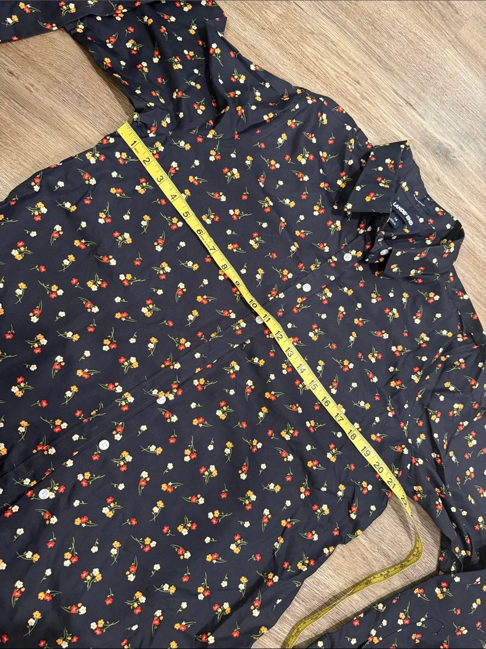 NWOT Lands' End Black Button-Down Shirt with Red and Yellow Floral Sprig Print
